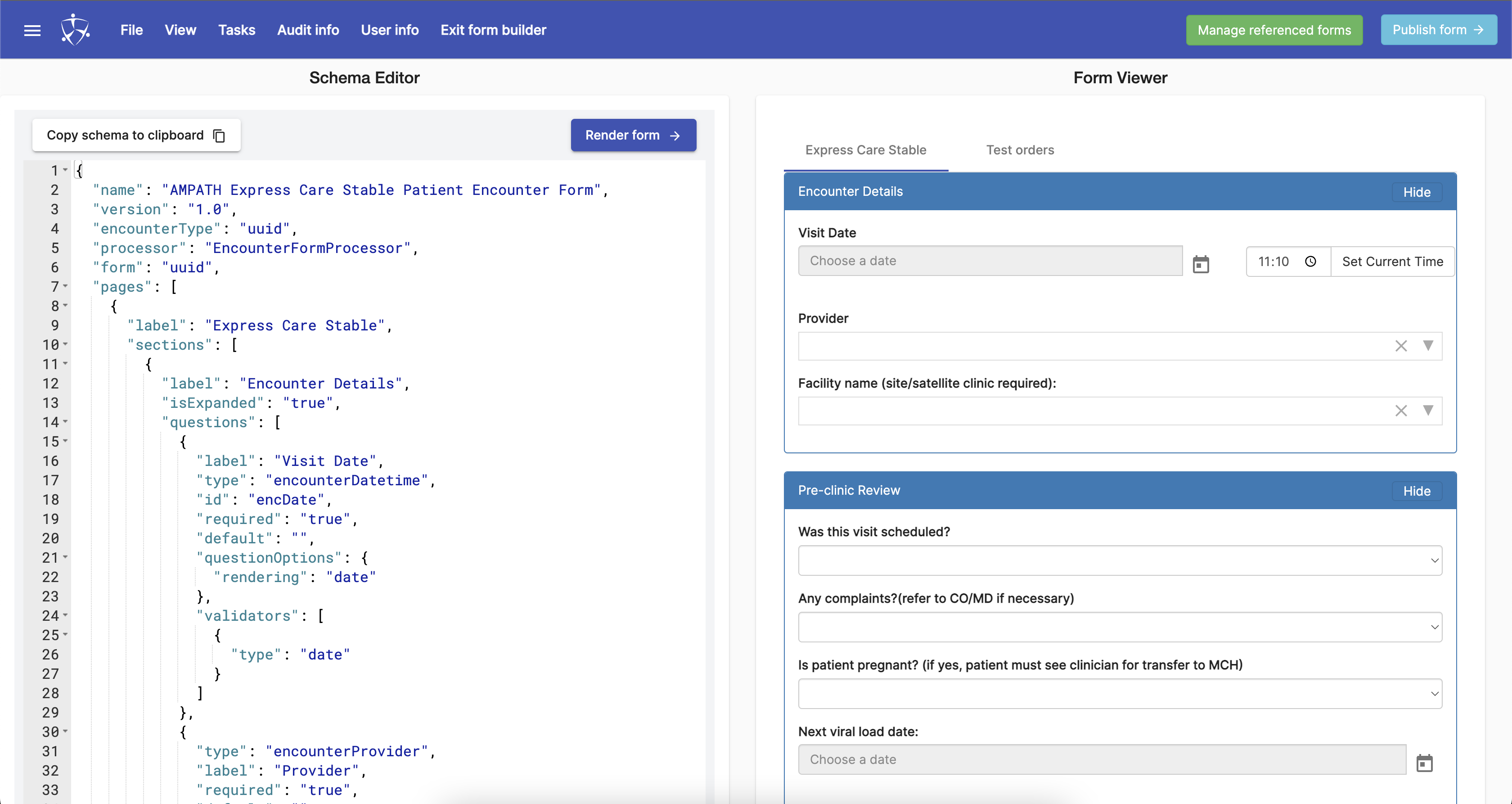 Screenshot showing the Schema Editor of the AMPATH Form Builder