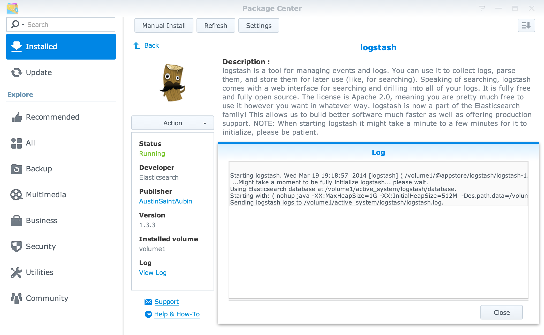 Synology Logstash Package Screenshot