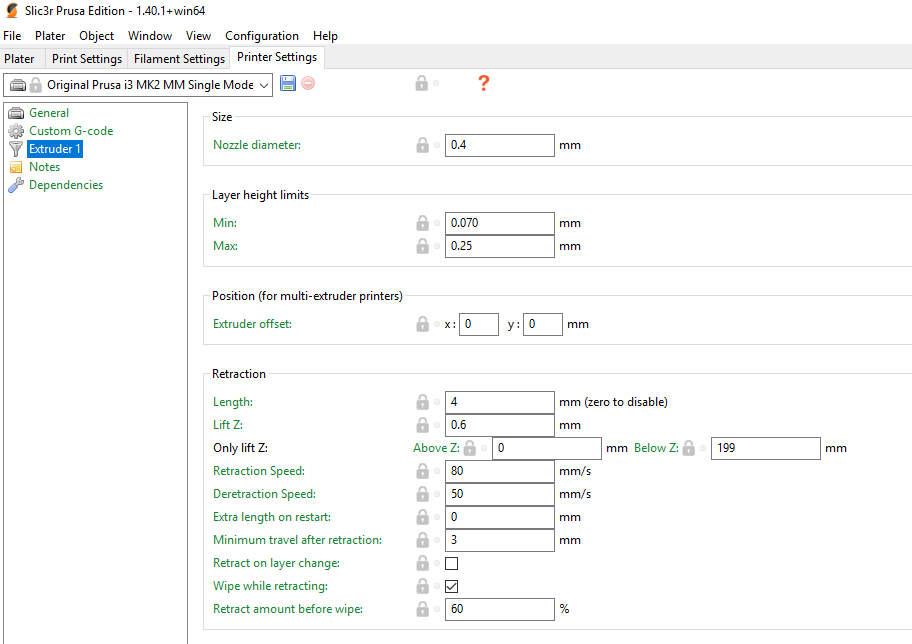 Printer Profile - Slic3r PE Extruder-Retraction Settings