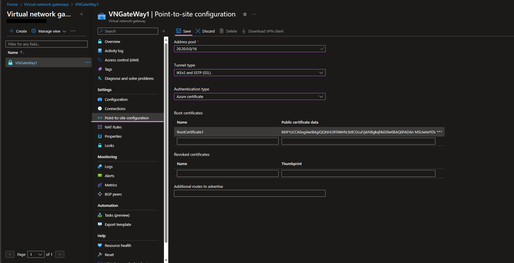 Setting up Azure point to point connection in Azure portal