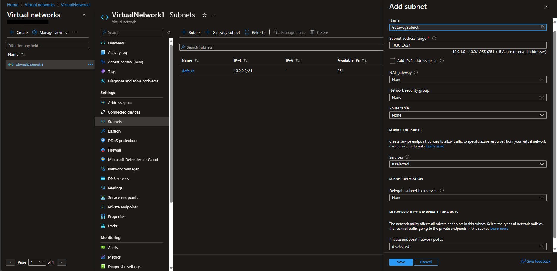 Creating virtual network in Azure portal and configuring the final settings such as ranges