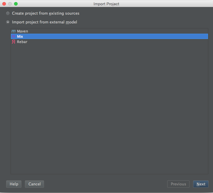 File > New Project > From Existing Sources > Import project from external model > Mix