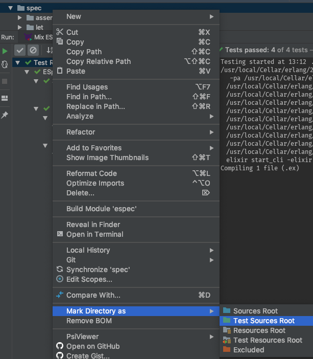 Mark Directory As > Test Sources Root