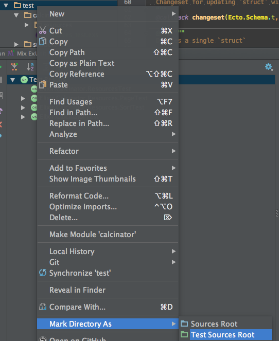 Mark Directory As > Test Sources Root