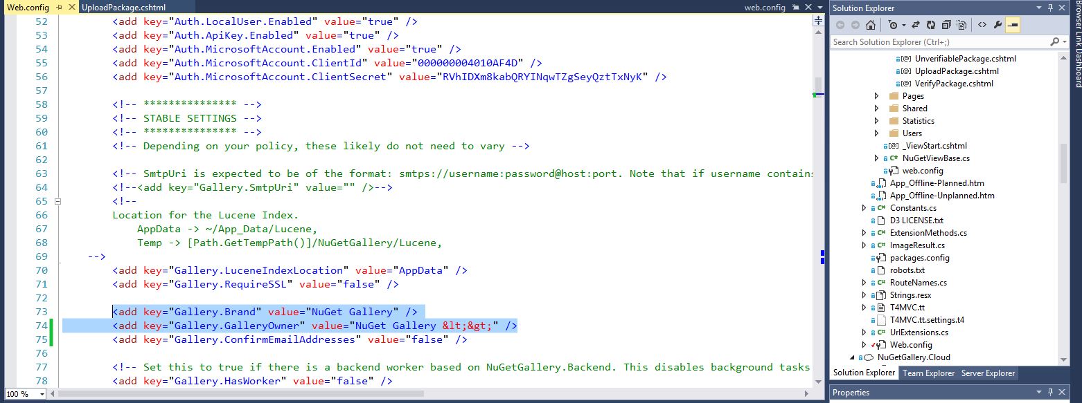 screenshot of the web.config file (with line numbers) with the Brand and GalleryOwner attributes highlighted