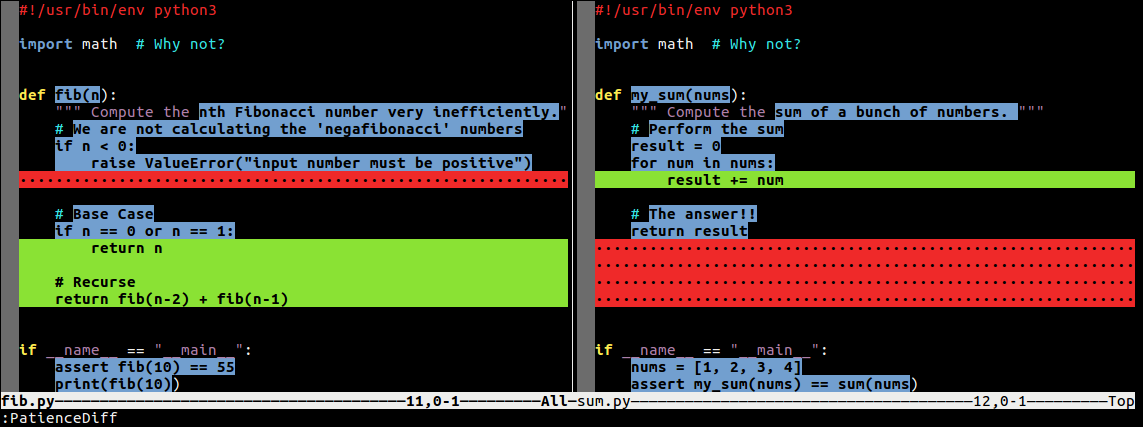 Example of Vim Eldar performing a diff