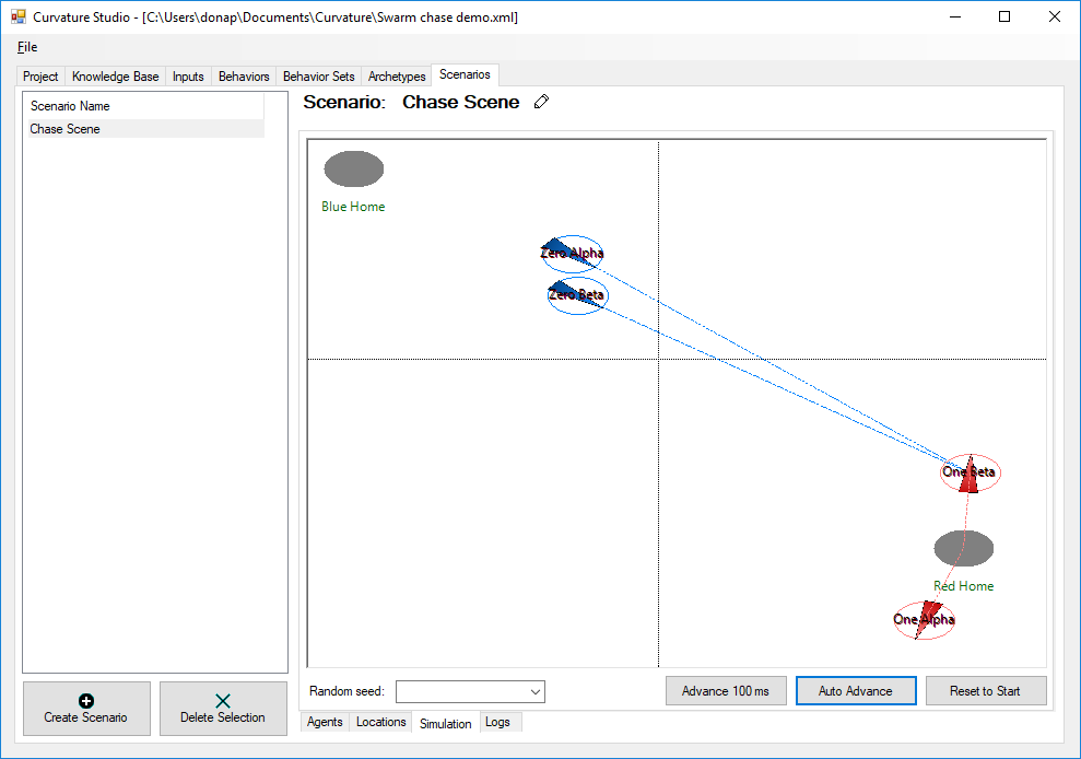 A scenario set up to demonstrate basic chase AI in Curvature