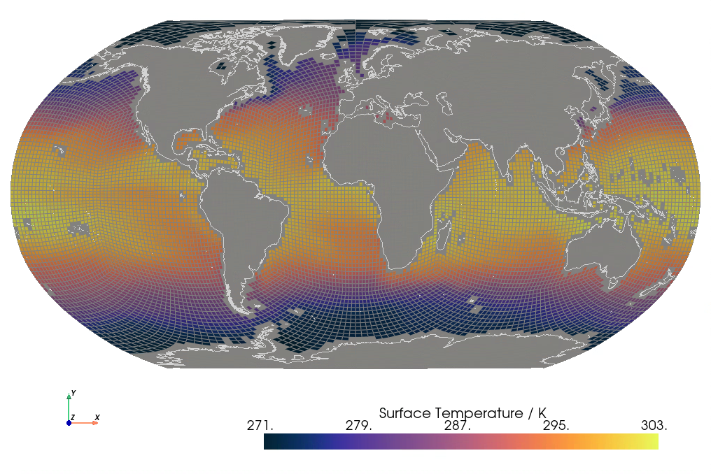 LFRic Model, Unstructured Cube Sphere of Surface Temperature in Robinson Projection