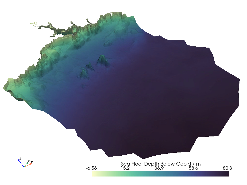 Finite Volume Community Ocean Model, Unstructured Triangular Mesh of Sea Floor Below Geoid