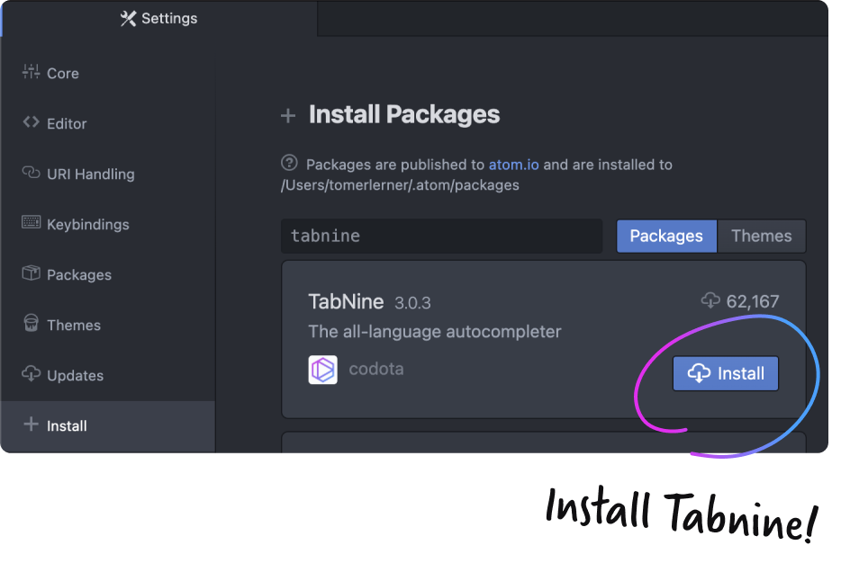 Tabnine in Atom extensions tab