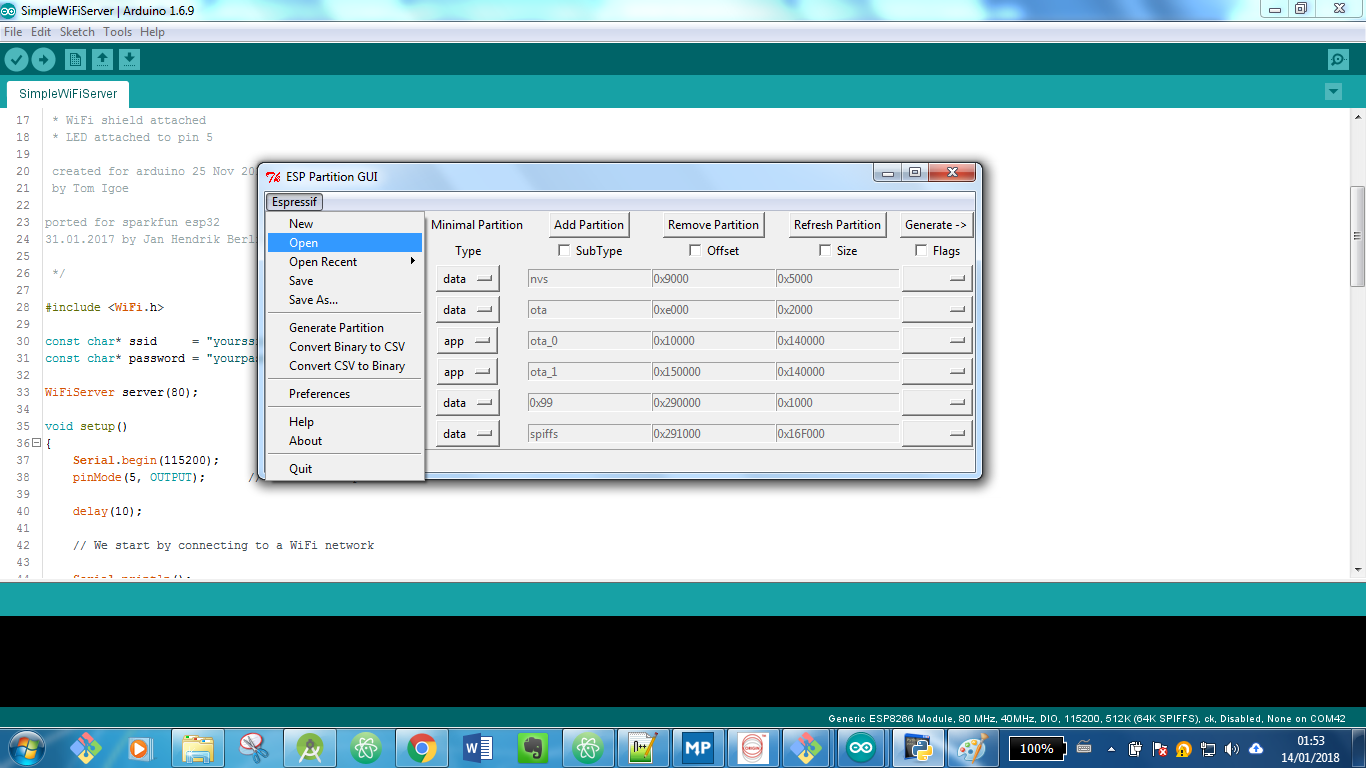 Arduino IDE Launching ESP32 Partition Manager Screen Shot