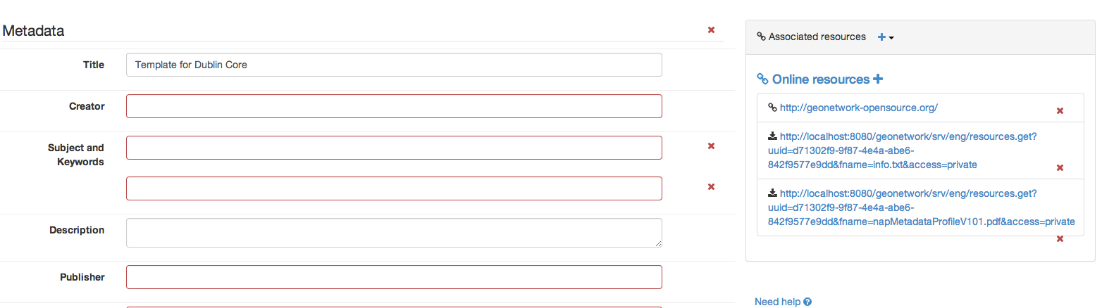 Example of online resources added to Dublin Core metadata