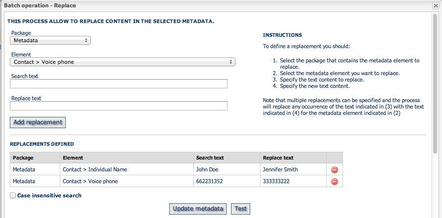 Metadata massive replace form