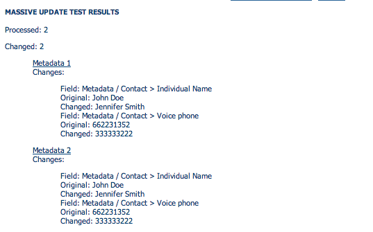 Metadata massive replace report