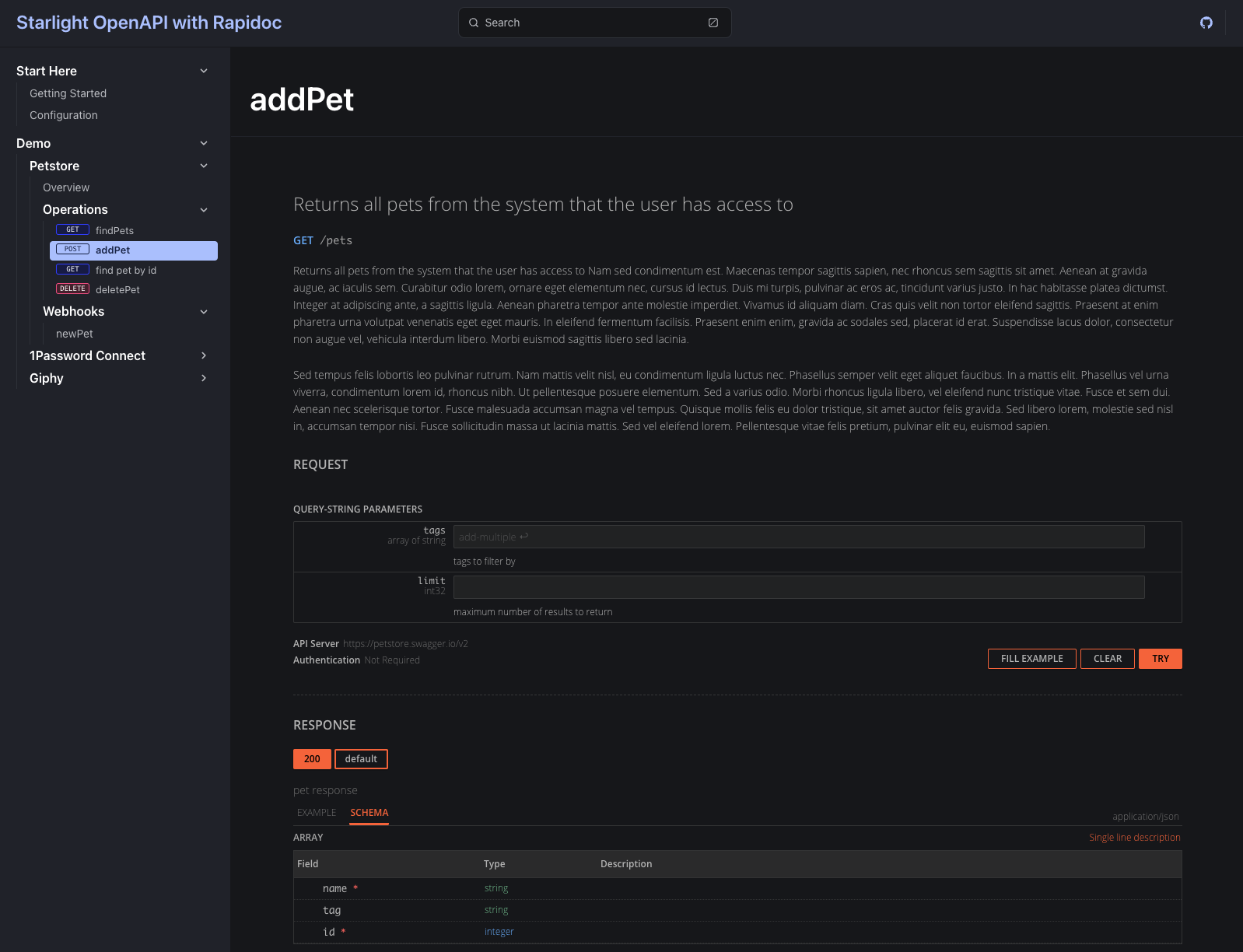 Screenshot of starlight-openapi-rapidoc