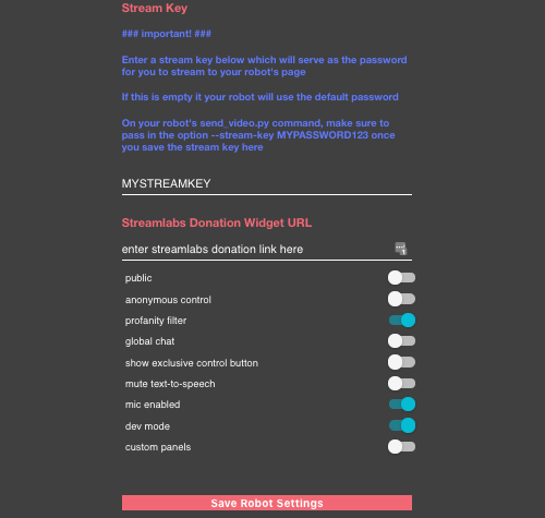 letsrobot robot settings