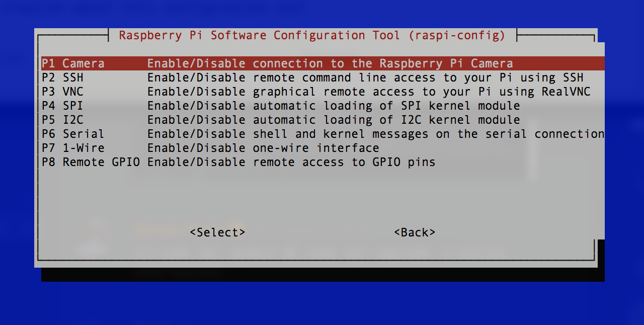 raspi-config interfacing options screen