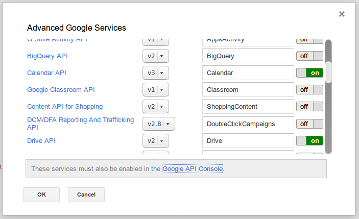 advanced google services dialog