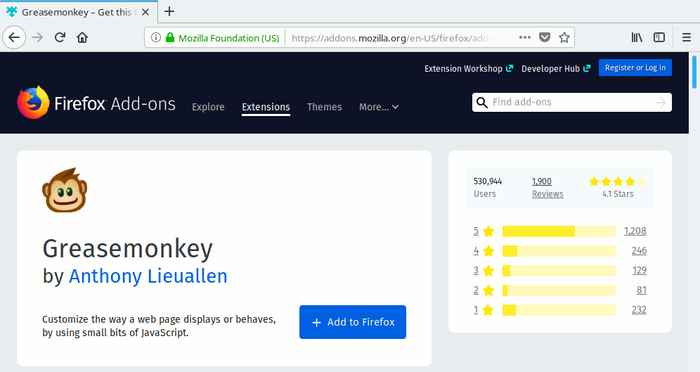 Screenshot of Greasemonkey page at addons.mozilla.org