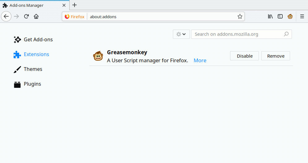 Screenshot of Firefox Add-ons Manager with Greasemonkey monkey menu