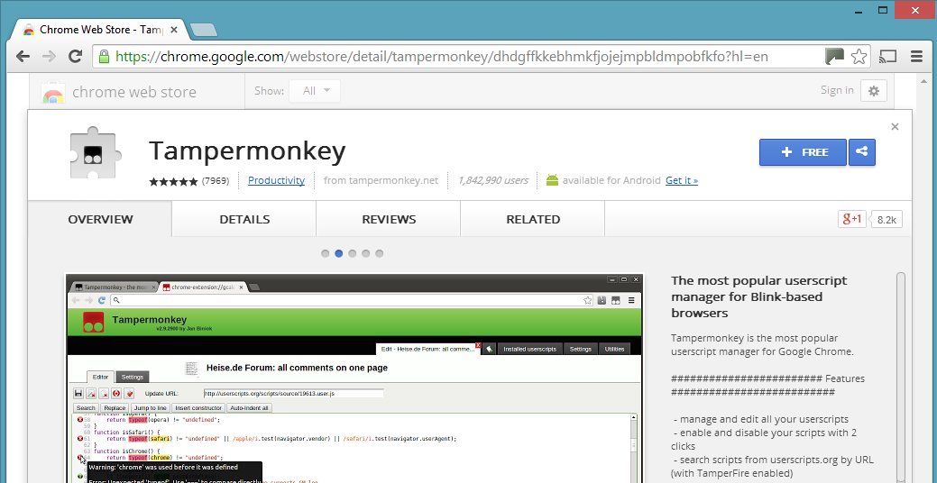 Screenshot of Tampermonkey page in Chrome Web Store