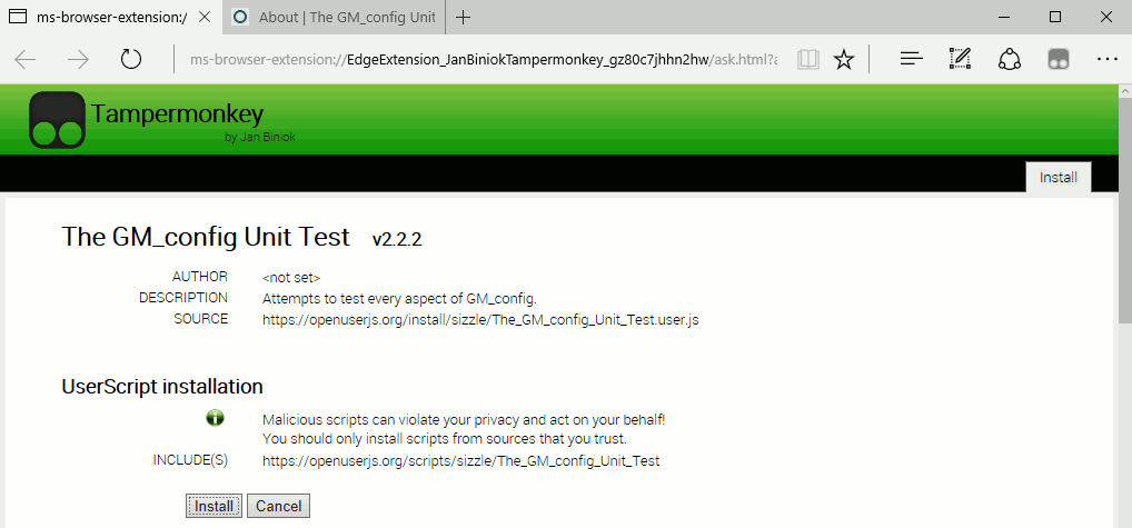 Screenshot of Tampermonkey script installation