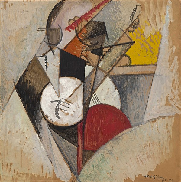 A cubist painting, gouache on cardboard, mounted on Masonite, 73×73 cm, that consists of broad, overlapping planes of black, white, yellow, and red, as if the composition was an improvised memory of a jazz performance